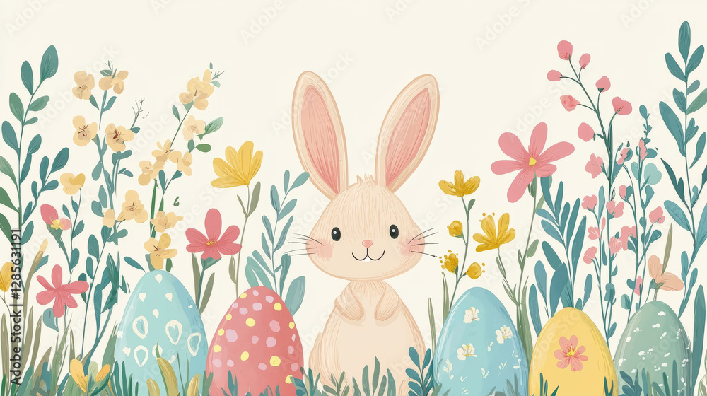 Easter bunnies, painted eggs and spring flowers in pastel colors. Easter bunnies, painted eggs and spring flowers in pastel colors.