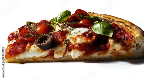 Delicious pizza slice on white background, showcasing vibrant toppings and melted cheese, perfect for culinary presentations and menus