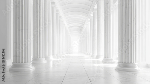 Minimalist modern corridor with pure white marble, smooth columns, and glass accents