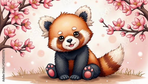 Cute red panda sitting and smiling among blooming flowers in a cartoon style