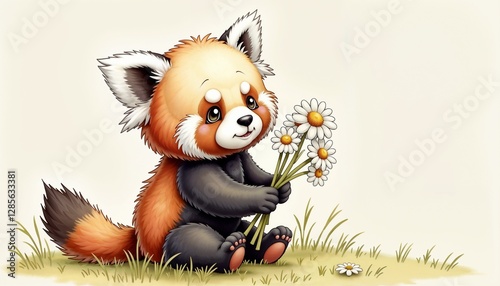 Adorable red panda holding daisies and smiling in a cartoon style