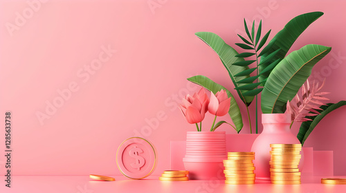 Vibrant pink backdrop featuring decorative plants, flowers, coins, and a dollar sign, symbolizing wealth