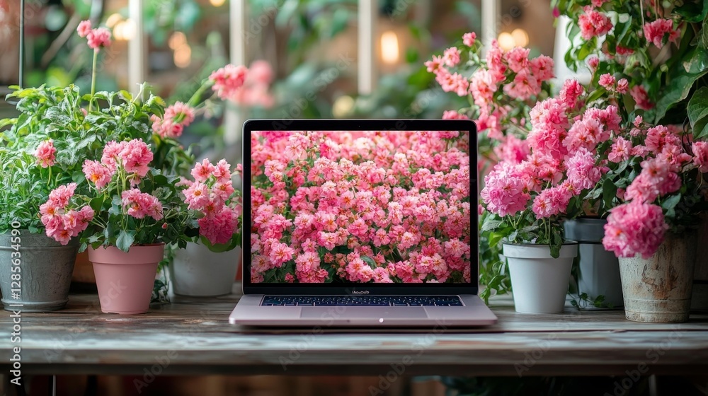 Obraz premium Laptop Surrounded by Beautiful Pink Flowers in a Cozy Room. Generative AI