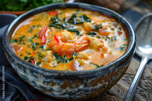 Callaloo, a rich and creamy soup made from dasheen leaves, coconut milk, crab, and a blend of spices. 