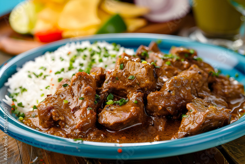 Curry goat- tender goat meat cooked in a flavorful curry sauce, served with rice. 