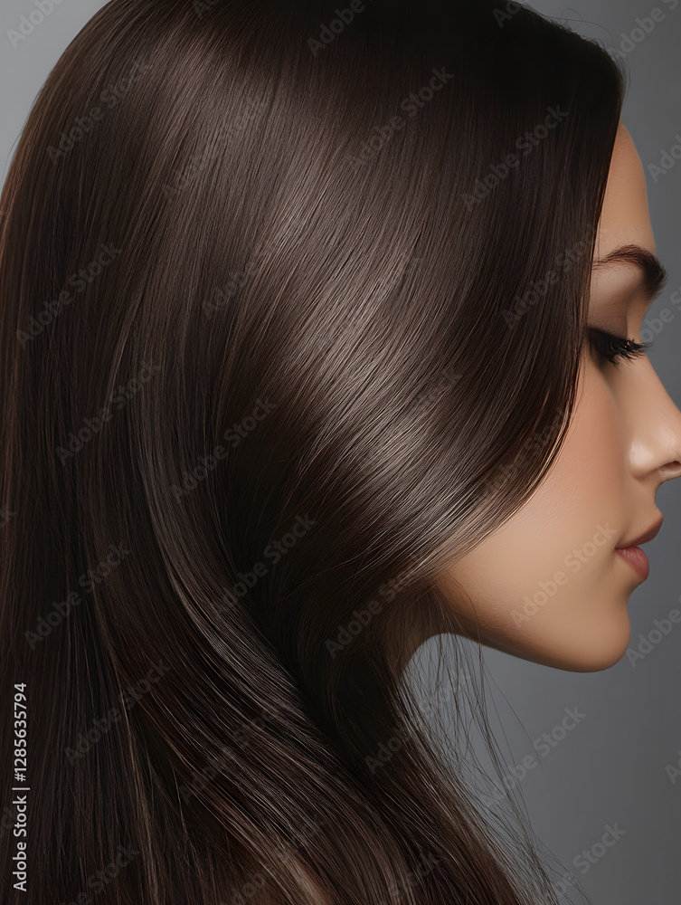 Elegant Woman with Smooth Brown Hair in Profile View : Generative AI