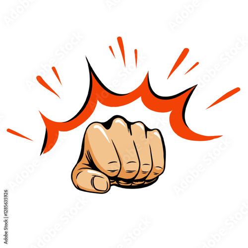 hand punch fist. illustration. Fist hitting. Arm punching. Pop art vector illustration isolated on transparent background. Vector Design element. Comic book style