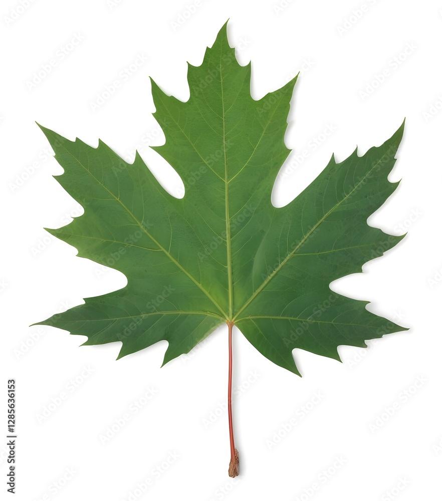 Fototapeta premium A large green maple leaf with several lobes and a reddish stem