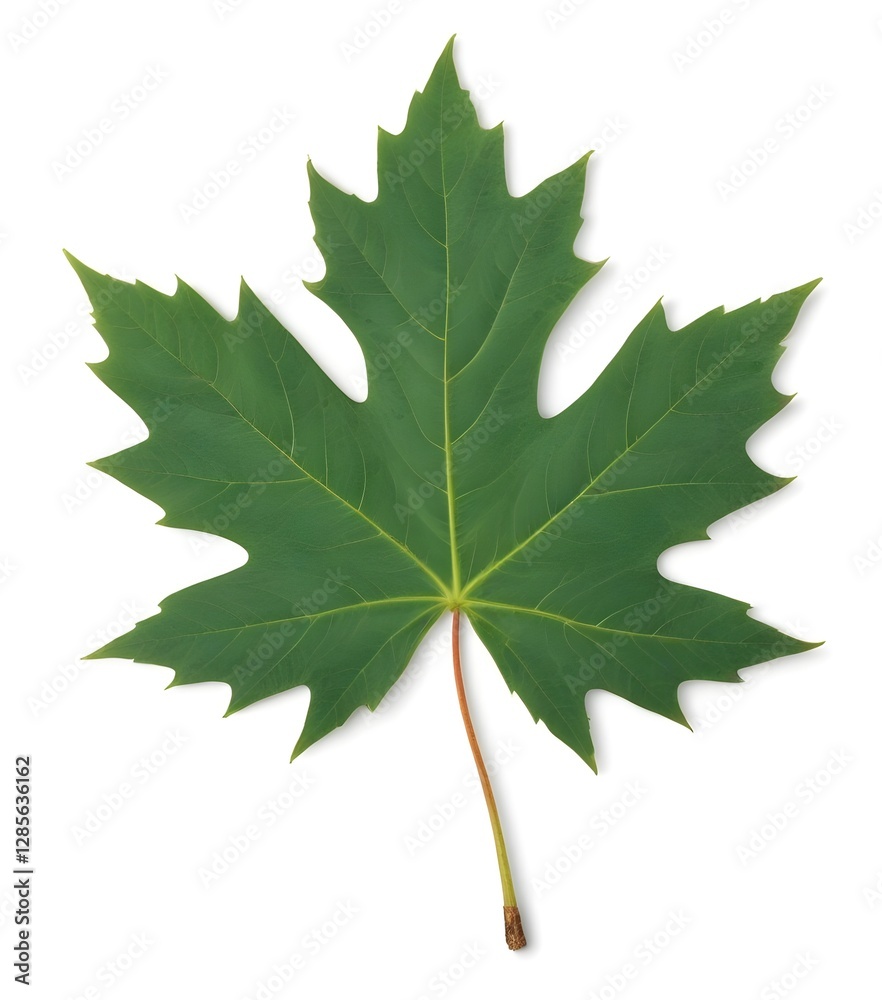 Fototapeta premium A large green maple leaf with several lobes and a reddish stem