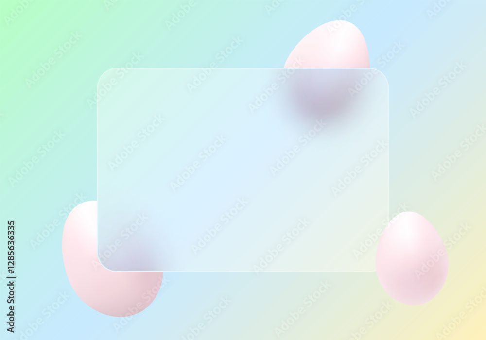 Vector background in glass morphism style. Frosted glass partition with floating pink Easter eggs. Vector background in glass morphism style. Frosted glass partition with floating pink Easter eggs.