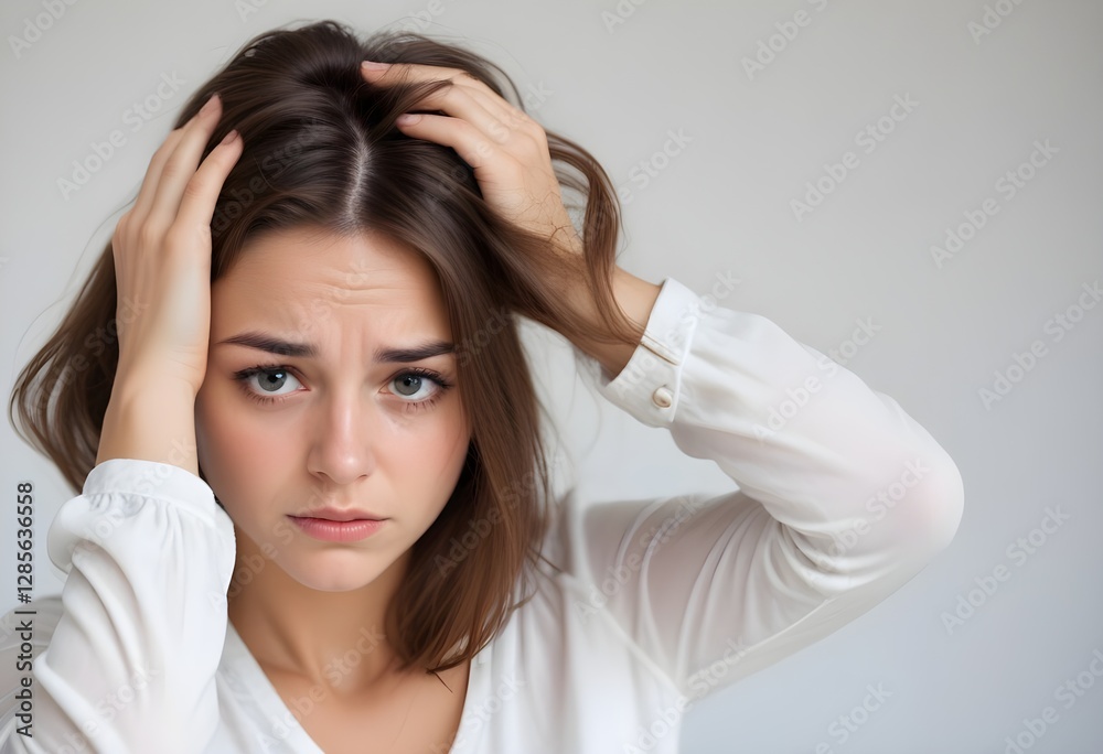 A woman looking stressed and holding her head in her hands A woman looking stressed and holding her head in her hands