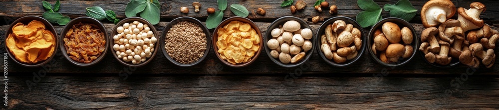 Variety of Dried Mushrooms and Herbs in Bowls. Generative AI Variety of Dried Mushrooms and Herbs in Bowls. Generative AI