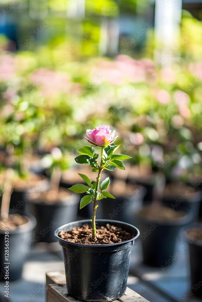 Young rose plant in a pot among green garden background in bright natural sunlight : Generative AI Young rose plant in a pot among green garden background in bright natural sunlight : Generative AI
