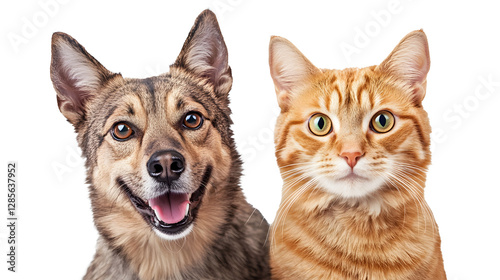 Portrait of Happy dog and cat that looking at the camera together isolated on transparent background, friendship between dog and cat, amazing friendliness of the pets	