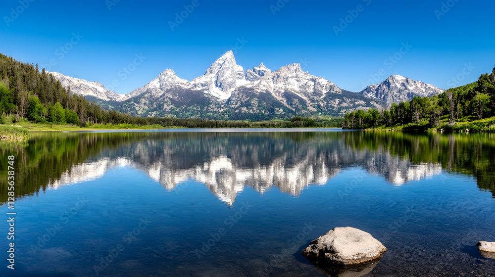 Naklejka premium Stunning Reflections of Snow Capped Mountains in Pristine Alpine Lake Under Clear Blue Sky : Generative AI