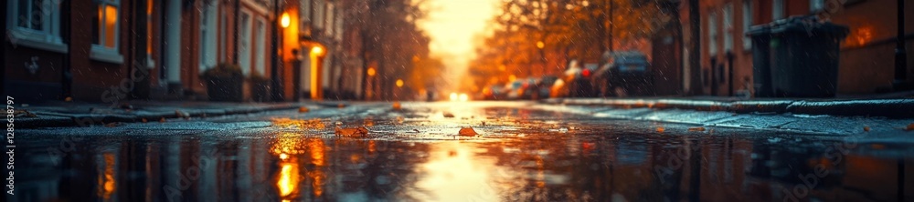 Rainy street with leaves scattered on the wet pavement during autumn season. Generative AI Rainy street with leaves scattered on the wet pavement during autumn season. Generative AI