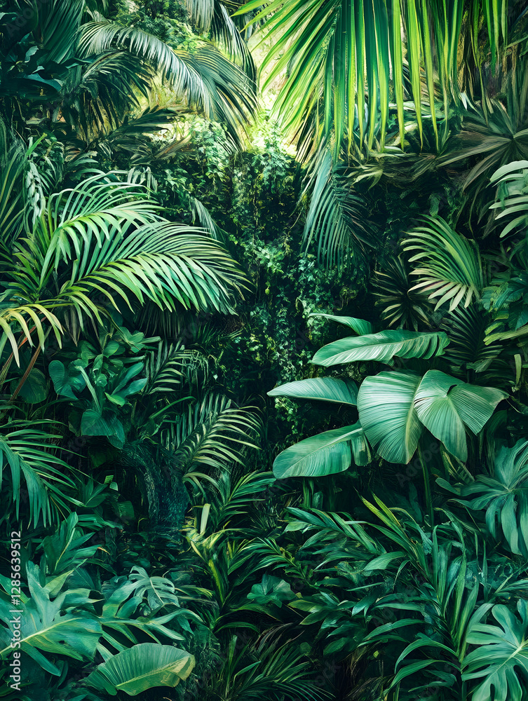 Lush Green Tropical Rainforest Canopy Vibrant Foliage Nature Background : Generative AI