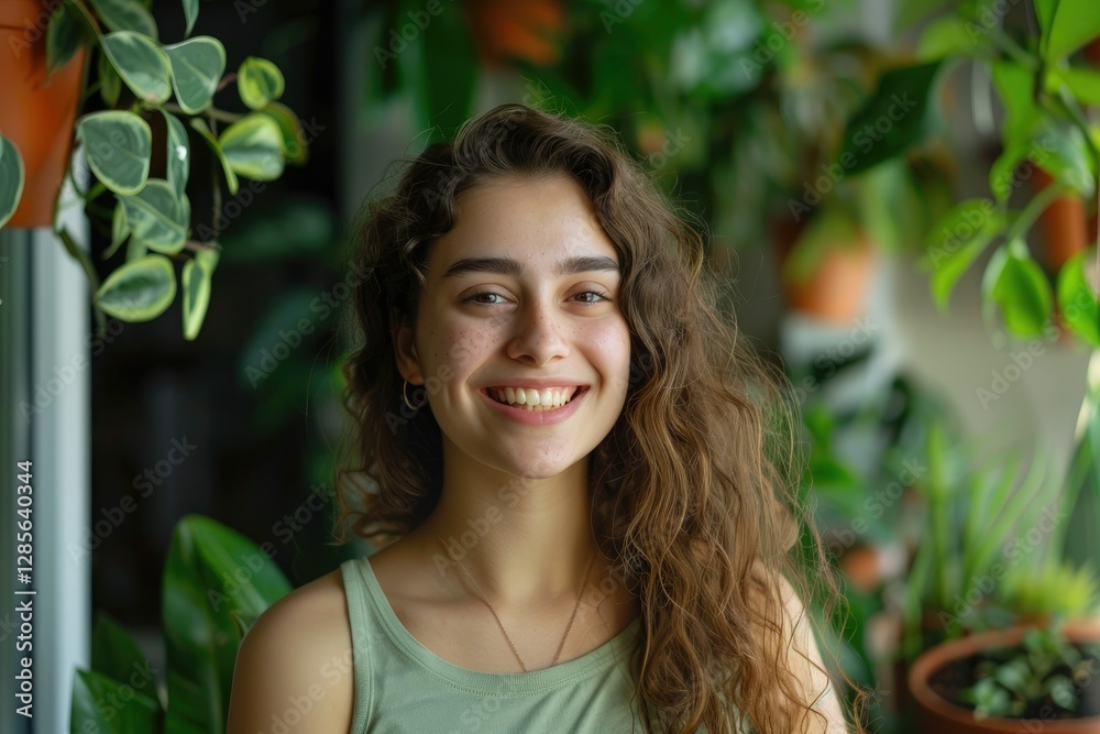 Ultra Hd Visual of Portrait of Smiling Young Woman Standing by Potted Plants Ultra Hd Visual of Portrait of Smiling Young Woman Standing by Potted Plants