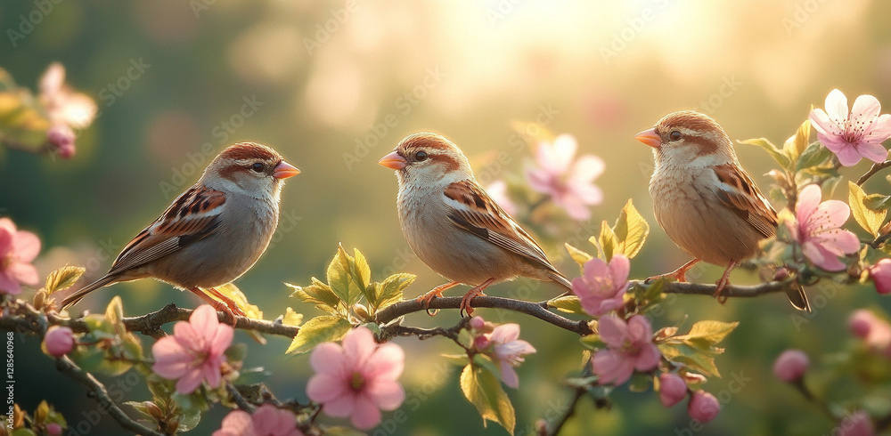 birds and chicks on a flowering branch. birds and chicks on a flowering branch.