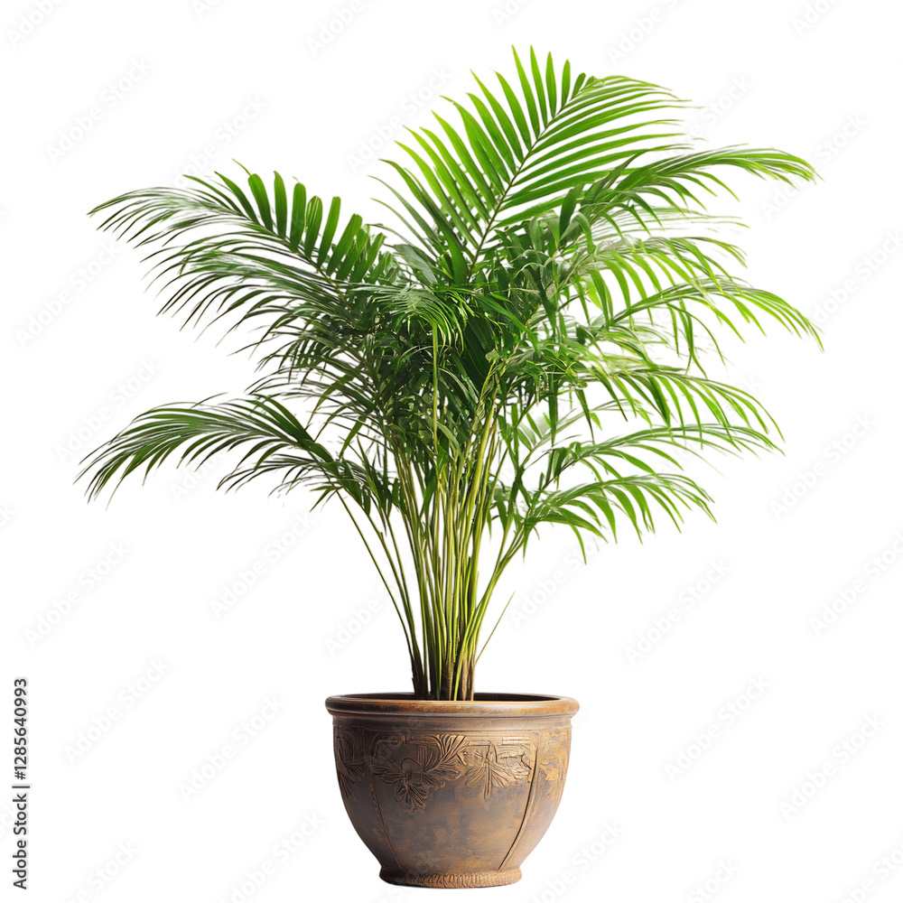 A Lush Palm Tree in a Decorative Pot Isolated on Transparent Background A Lush Palm Tree in a Decorative Pot Isolated on Transparent Background