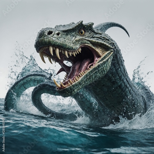A mythical sea serpent baring its teeth as it defends a sunken treasure on a clean white backdrop.