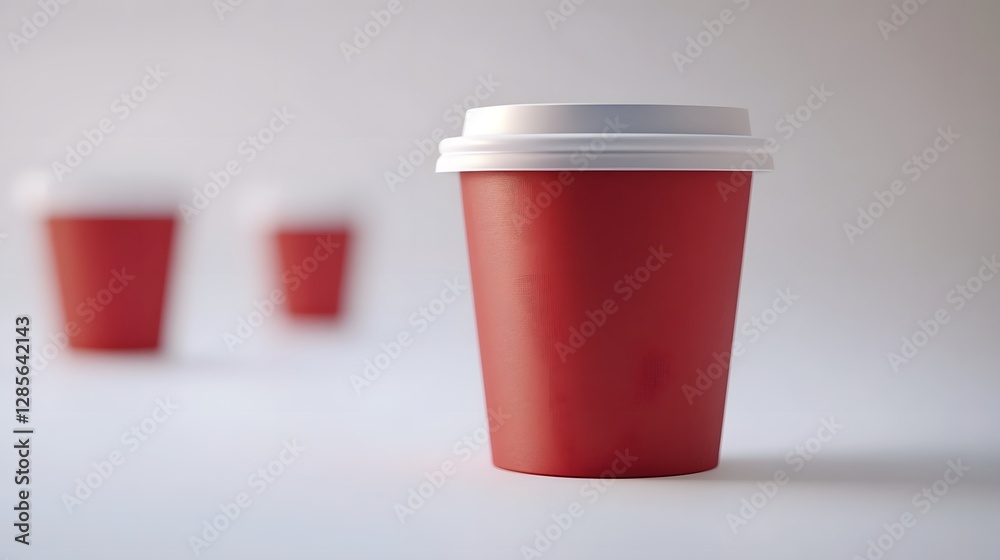 Red disposable coffee cups mockup with white lids on white background 3d paper clean image design Red disposable coffee cups mockup with white lids on white background 3d paper clean image design