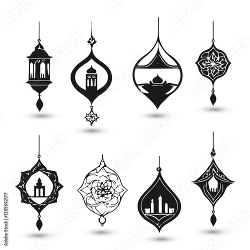 Logo collection hanging Islamic raditional muslim symbols of Ramadan Mubarak 