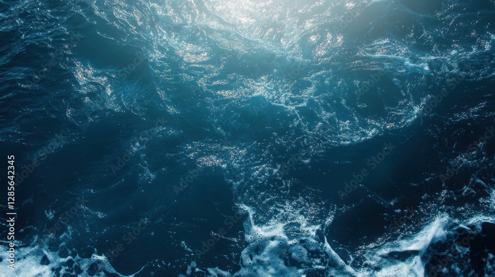 A deep blue ocean surface with swirling currents and scattered white foam, viewed from above. Sunlight reflects off the rippling waves A deep blue ocean surface with swirling currents and scattered white foam, viewed from above. Sunlight reflects off the rippling waves