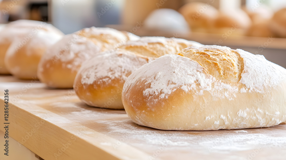 Freshly Baked Artisan Bread Loaves on Wooden Counter with Flour Dusting : Generative AI Freshly Baked Artisan Bread Loaves on Wooden Counter with Flour Dusting : Generative AI