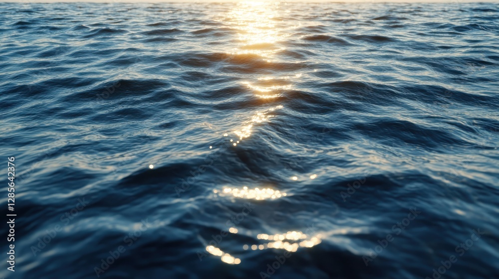 Fototapeta premium A deep blue ocean surface with swirling currents and scattered white foam, viewed from above. Sunlight reflects off the rippling waves, creating a shimmering effect.