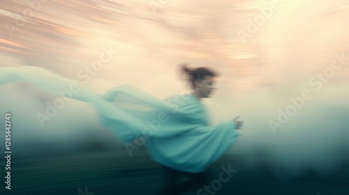 A blurry image of a woman running with a light shawl evokes a sense of speed and freedom.