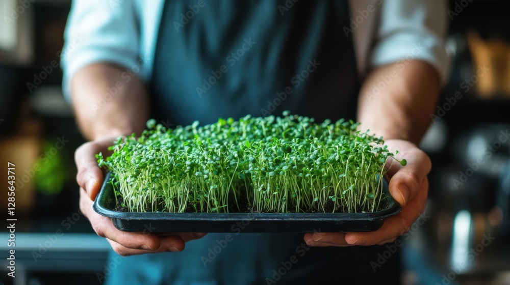 Urban gardening moments. Person Holding Tray of Vibrant Green Microgreens Urban gardening moments. Person Holding Tray of Vibrant Green Microgreens
