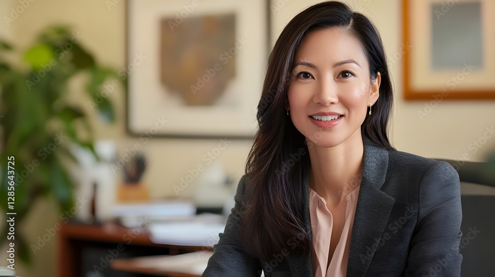 Obraz premium Confident Asian Business Woman Smiling in Office with Copy Space