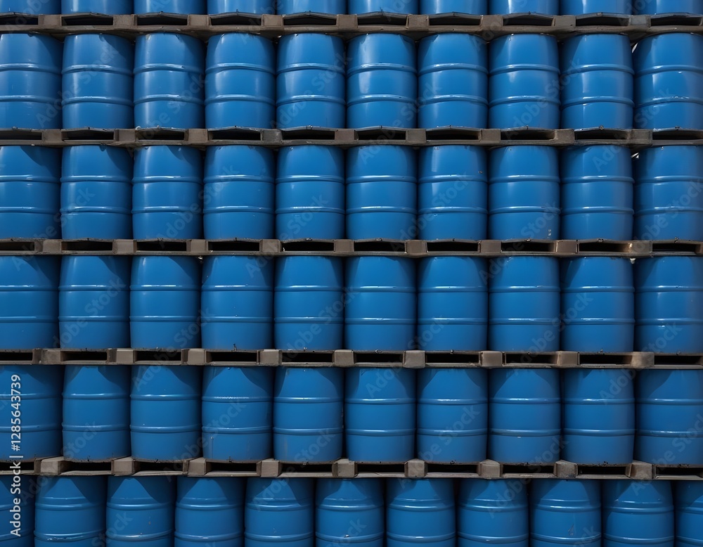Rows of metal barrels or drums stacked in a warehouse Rows of metal barrels or drums stacked in a warehouse