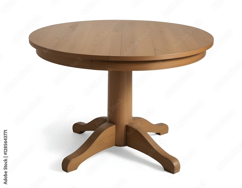 A round wooden dining table with a pedestal base A round wooden dining table with a pedestal base