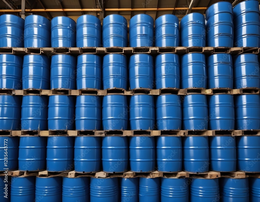 Rows of metal barrels or drums stacked in a warehouse Rows of metal barrels or drums stacked in a warehouse