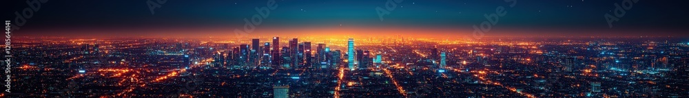 Obraz premium Stunning Night View of a Modern City Skyline Illuminated with Bright Lights at Dusk