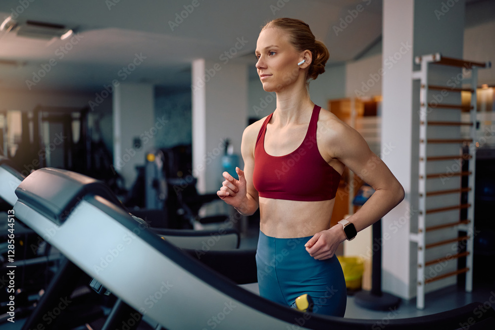 Female athlete jogging on treadmill while working out in gym.