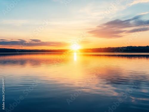 A serene sunset over calm waters, casting warm golden hues across the sky and reflecting beautifully on the lake's surface.