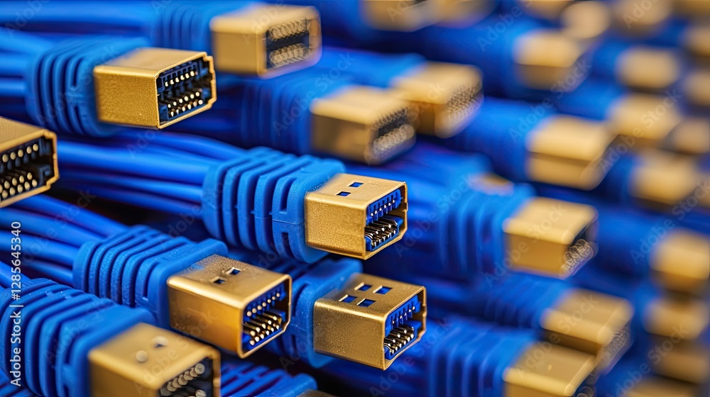 A close-up of blue data cables with gold connectors, showcasing their intricate design and connectivity features. A close-up of blue data cables with gold connectors, showcasing their intricate design and connectivity features.