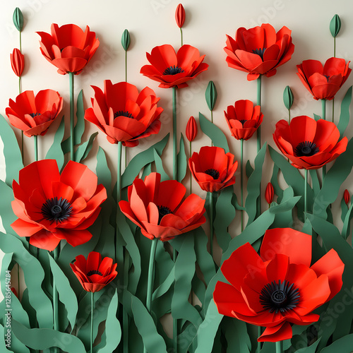 Vibrant origami poppy field made from red paper flowers and green leaves creating a colorful display