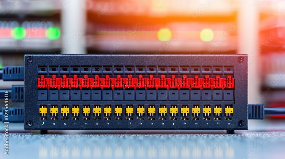 A close-up of a network switch displaying colorful LED indicators, highlighting different connection statuses with cables attached to its ports. A close-up of a network switch displaying colorful LED indicators, highlighting different connection statuses with cables attached to its ports.