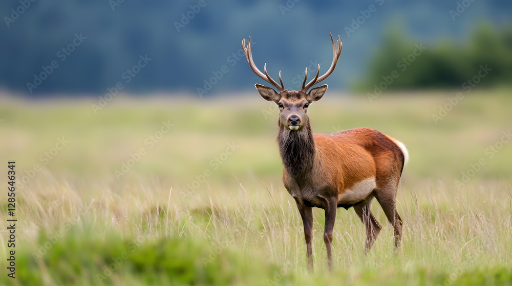 Fototapeta premium Majestic red deer stag standing tall in the lush green meadow with serene forest backdrop : Generative AI
