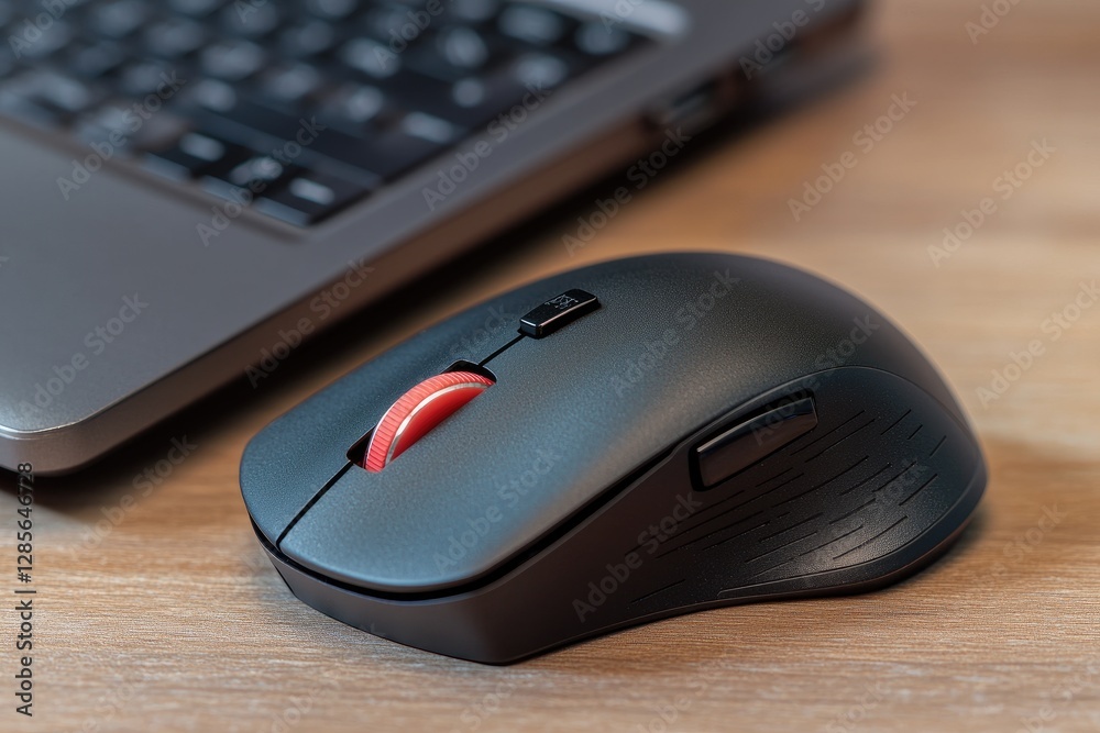A sleek black computer mouse with a red scroll wheel sits next to a laptop on a wooden desk. A sleek black computer mouse with a red scroll wheel sits next to a laptop on a wooden desk.