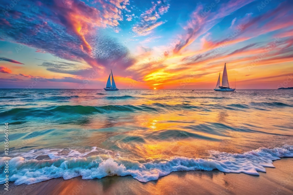 Naklejka premium Serene Sunset Sailboats on a Tranquil Ocean Shore with Gentle Waves