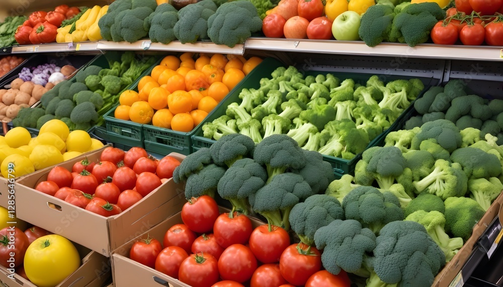 Assorted fresh vegetables and fruits displayed on shelves in a grocery store, including broccoli, tomatoes, peppers, and apples Assorted fresh vegetables and fruits displayed on shelves in a grocery store, including broccoli, tomatoes, peppers, and apples