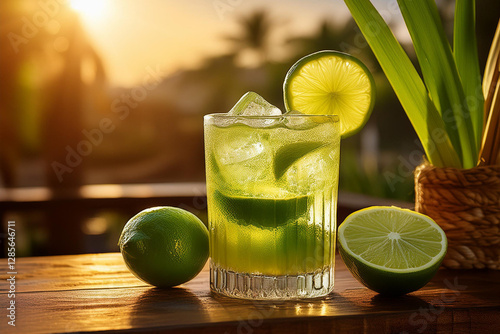 Caipirinha with lime and sugar cane photo