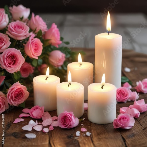 Elegant white candles with pink roses and petals on a wooden table, natural, minimalistic, rustic decor