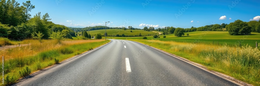 Empty asphalt road cutting through green landscape on a sunny day, driving, nature Empty asphalt road cutting through green landscape on a sunny day, driving, nature