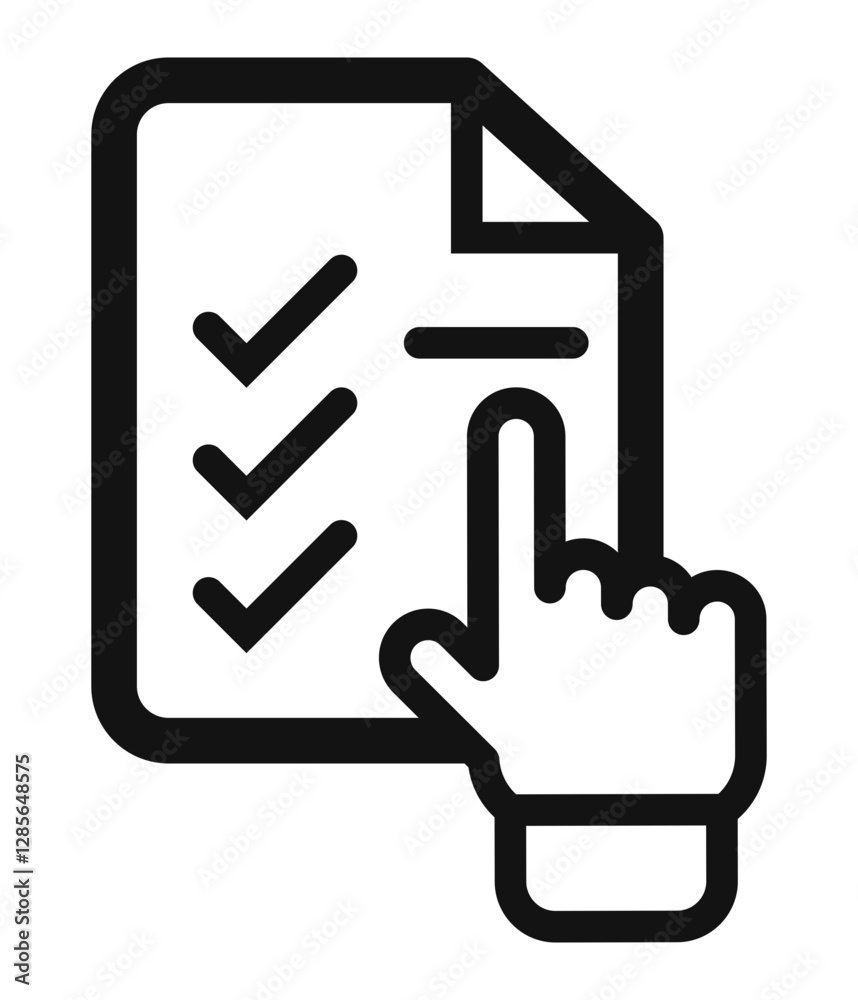 icon of a checklist document with a pointing hand symbolizing selection approval or online form submission. icon of a checklist document with a pointing hand symbolizing selection approval or online form submission.